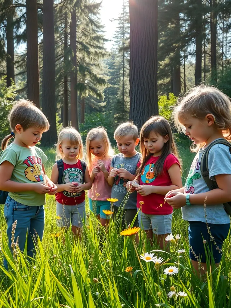 Children participating in an outdoor environmental education program, learning about local flora and fauna.
