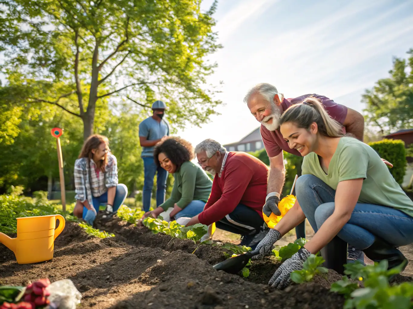 A photograph capturing a group of volunteers planting trees in a community garden, symbolizing environmental stewardship and community engagement.