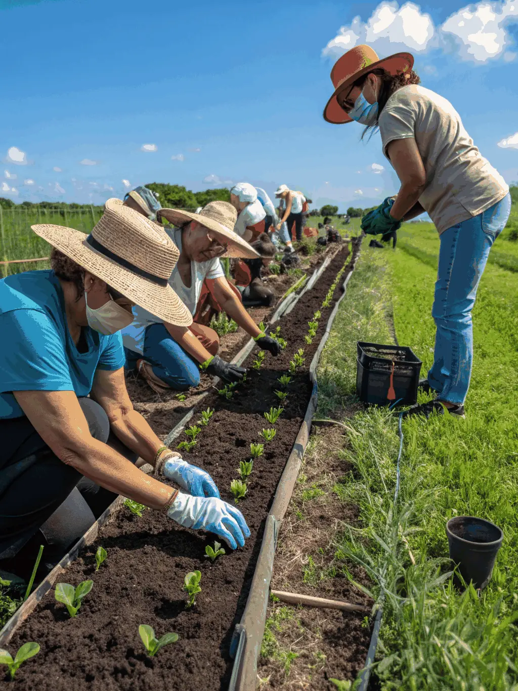 A group of volunteers planting seedlings in a community garden, focusing on hands-on learning and sustainable agriculture practices at Les Jardins de la Talbatiere.