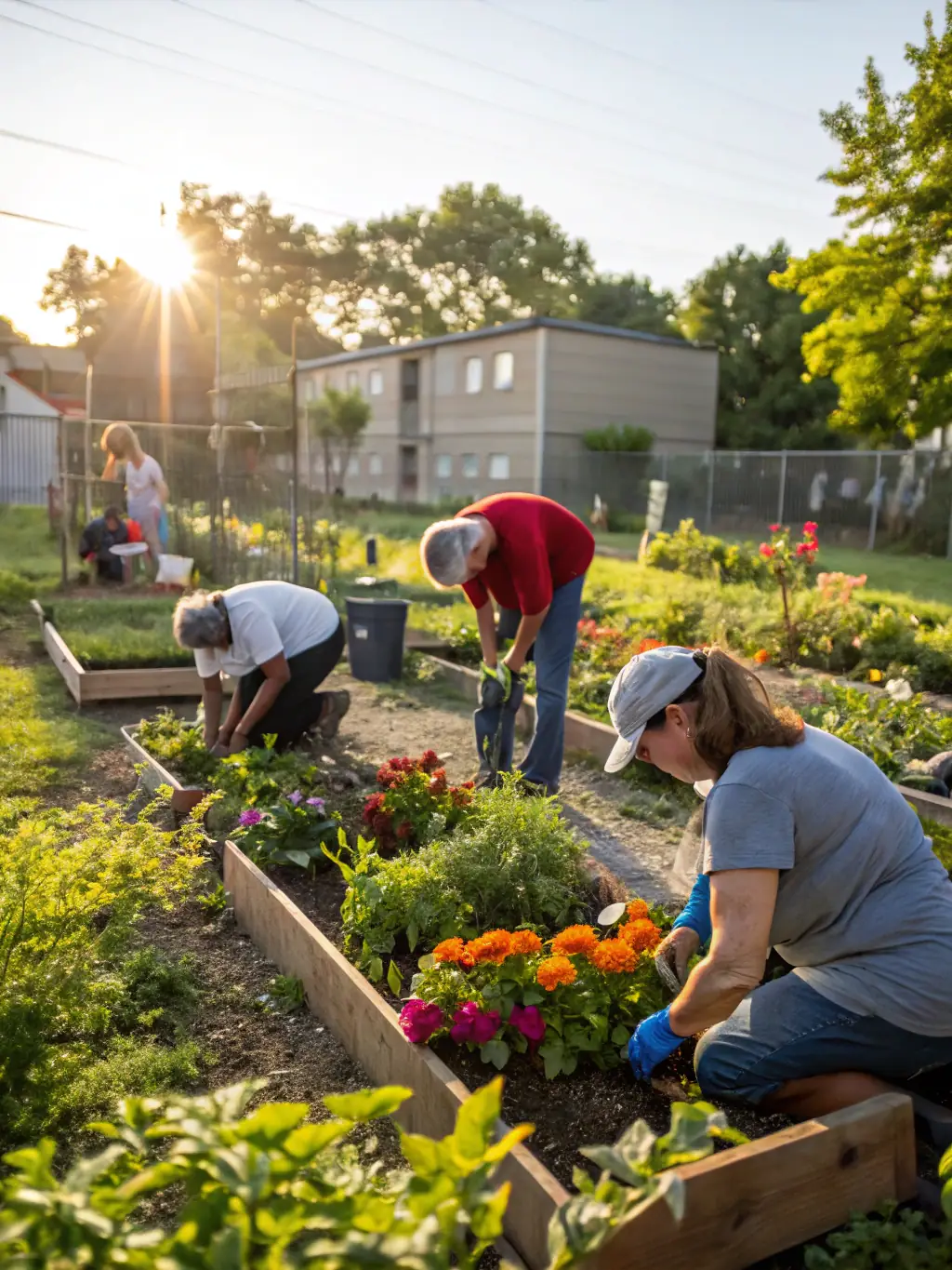 An image of vulnerable individuals working in the gardens, highlighting the organization's support for social inclusion and autonomy.