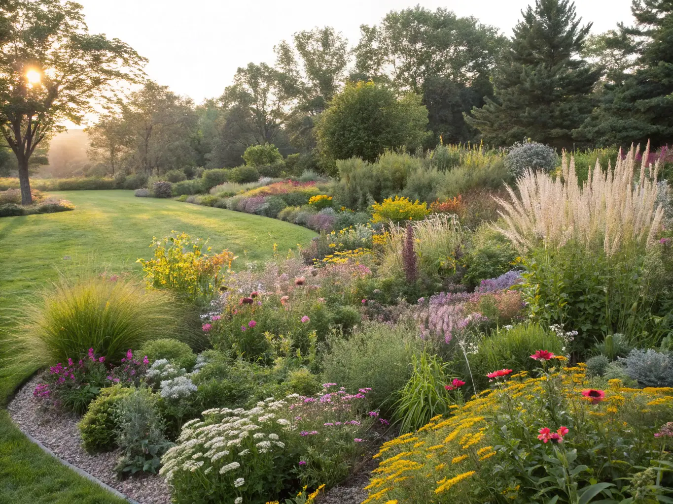 A lush garden showcasing biodiversity conservation efforts at LES JARDINS DE LA TALBATIERE, with diverse plant species and wildlife habitats.