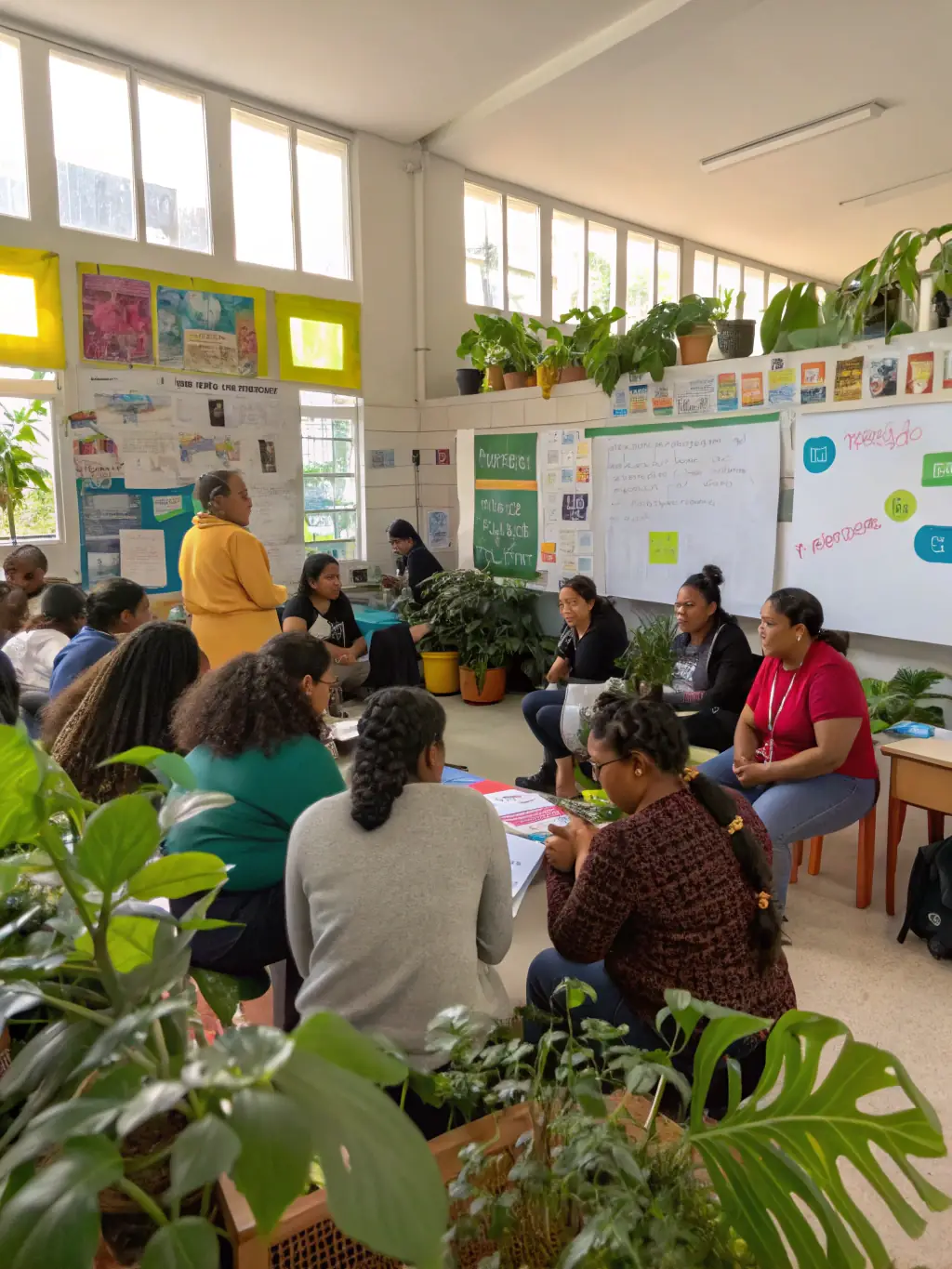 A diverse group of people participating in a permaculture workshop, learning about sustainable gardening techniques.