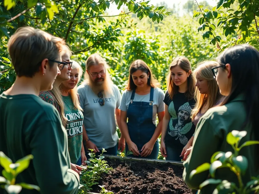 A photograph showcasing a workshop on permaculture techniques, with participants actively learning about sustainable land management.
