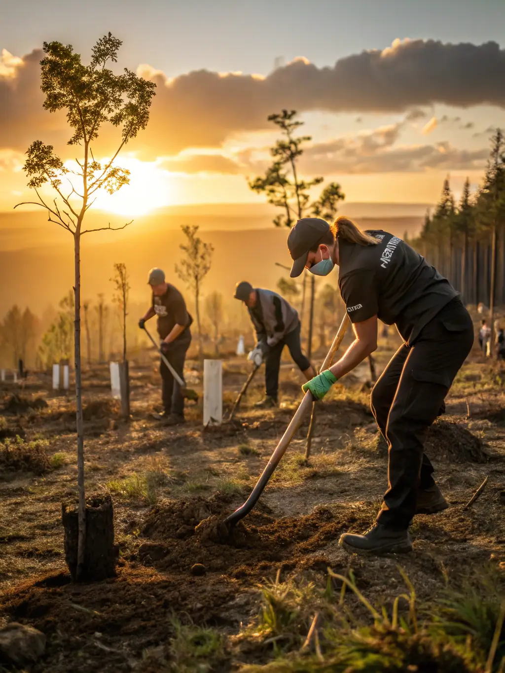 A group of volunteers planting trees in a community garden, showcasing environmental stewardship and community involvement.