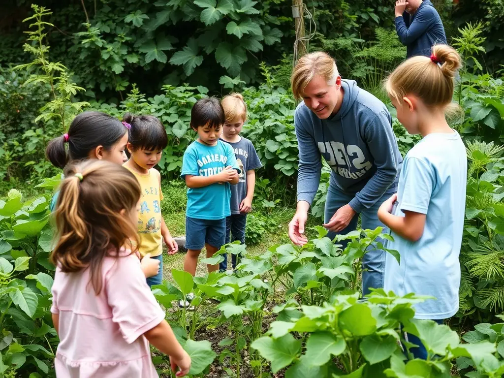 A group of students participating in a hands-on environmental education workshop at LES JARDINS DE LA TALBATIERE, learning about local flora and fauna.